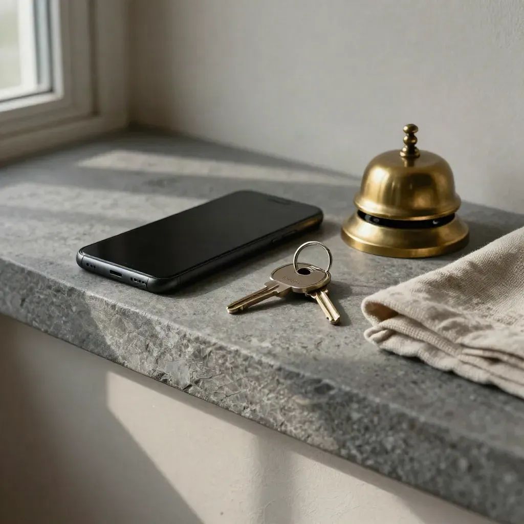Overhead still life of a face-down phone, keys, and brass bell on a linen tray on stone.
